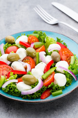 Vegetable salad with cheese mozzarella, tomatoes, basilikum and spice.