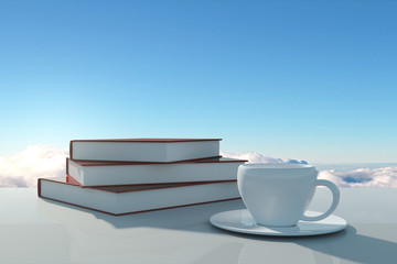 Coffee cup and book pile
