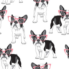 Naadloze patroon met cartoon Franse Bulldog in een roze bril op een witte achtergrond. Vector illustratie.