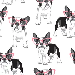 Tapeten Nahtloses Muster mit Cartoon französische Bulldogge in einer rosa Brille auf weißem Hintergrund. Vektor-Illustration. © Afishka