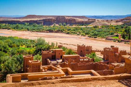 Aerial view on Kasbah Ait Ben Haddou and desert near Atlas Mountains, Morocco