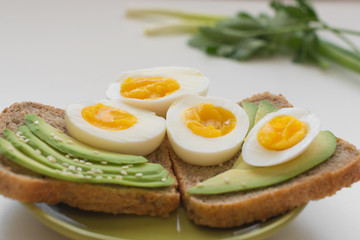Toast with avocado and egg. Health breakfast or snack concept. Food photography concept. Copy space. 