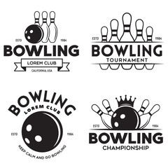Set of vector vintage monochrome style bowling logo, icons and symbol. Bowling ball and bowling pins illustration. Trendy design elements. - obrazy, fototapety, plakaty