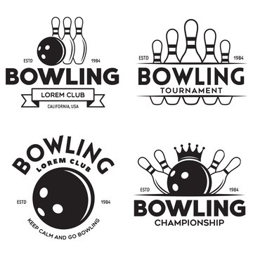 Set of vector vintage monochrome style bowling logo, icons and symbol. Bowling ball and bowling pins illustration. Trendy design elements.