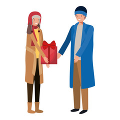 young couple with gift box avatar character