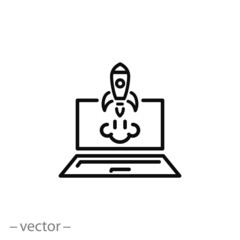 Rocket start to air from laptop monitor, line sign, icon vector