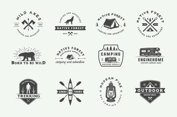 Fototapeta premium Set of vintage camping outdoor and adventure logos, badges, labels, emblems, marks and design elements. Graphic Art. Vector Illustration.
