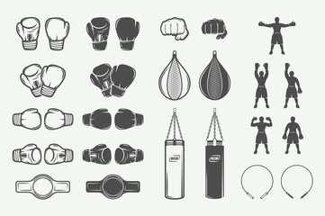 Set of vintage retro boxing and fighting elements. Can be used for logo, emblem, badge, mark or label. Vector Illustration.