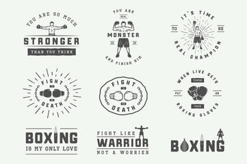 Boxing and martial arts logo badges and labels in vintage style. Motivational posters with inspirational quotes. Vector illustration