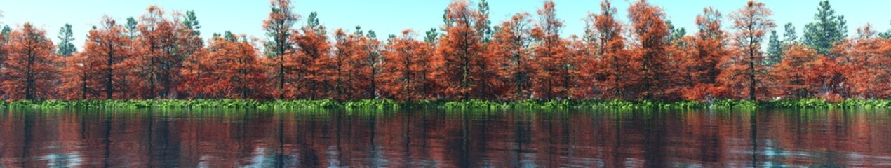 Panorama of the forest over the lake, trees over the water,

