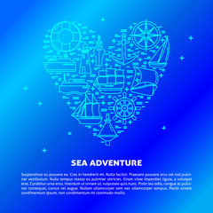 Sea adventure concept banner with ship icons in line style