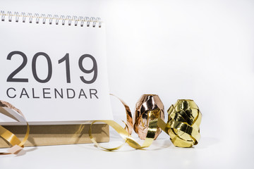Christmas decoration on white background. Table paper Calendar of Year 2019