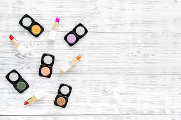 decorative cosmetics on woman desk gray wooden background top view mockup