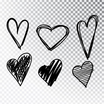 Hearts hand drawn set isolated. Design elements for Valentine s day. Collection of doodle sketch hearts hand drawn with ink. Vector illustration 10 EPS