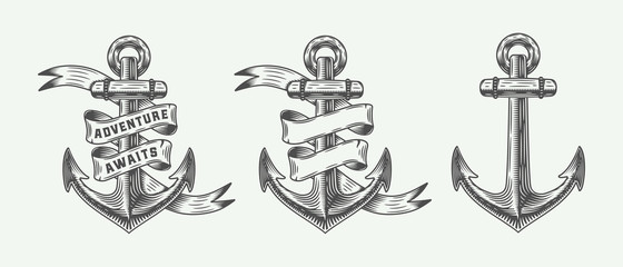 Set of vintage retro anchors in retro style with adventures typography. Monochrome graphic Art. Vector Illustration. - obrazy, fototapety, plakaty