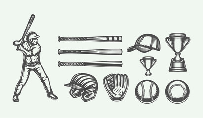 Set of vintage retro baseball elements. Can be used for logos, emblems, badges and other projects. Monochrome graphic Art. Vector Illustration