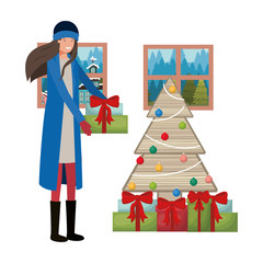 woman with christmas tree and landscape view