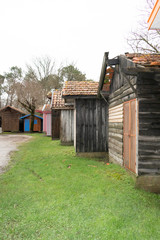 wooden fishing oyster village houses in biganos port in the Bay of Arcachon in france