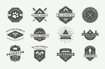 Set of vintage camping outdoor and adventure logos, badges, labels, emblems, marks and design elements. Graphic Art. Vector Illustration.