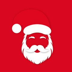 Santa Claus in hat on red background. Santa Claus's face silhouette with lush beard, mustaches and eyebrows