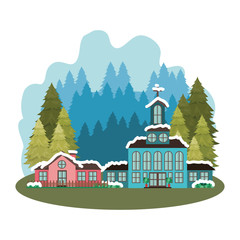 Obraz na płótnie Canvas church in neighborhood with pines falling snow avatar character