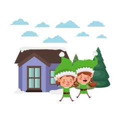 Obraz na płótnie Canvas house with pine trees and couple of elves