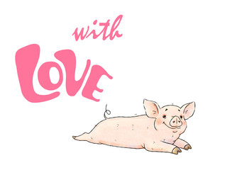 Hand drawn naughty pig. Cute funny piglet isolated on white background. Inscription with Love. Romantic illustration.
