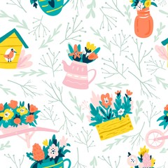 Seamless spring pattern with hand drawn ellement. Cute desing for wallpaper, textile, print and other.