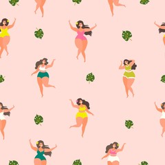 Seamless pattern with plus size girls and tropical leaves. Pattern for Wallpaper, textile, print, packaging and other.