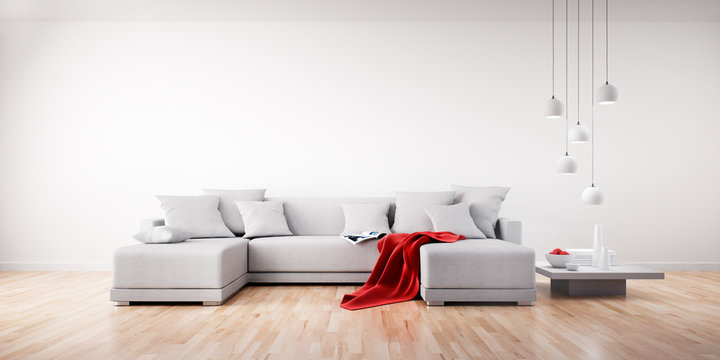 Sofa mit roter Decke in hellem Raum 1