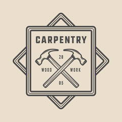 Vintage carpentry, woodwork and mechanic label, badge, emblem and logo. Vector illustration. Monochrome Graphic Art.