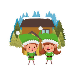 house with pine trees and couple of elves