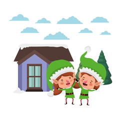 house with pine trees and couple of elves