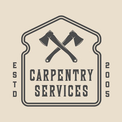 Vintage carpentry, woodwork and mechanic label, badge, emblem and logo. Vector illustration. Monochrome Graphic Art.