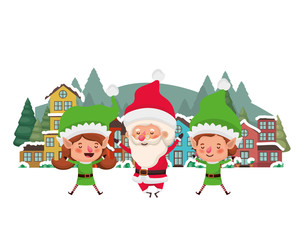 neighborhood and elf couple with santa claus