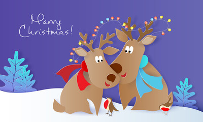 Merry Christmas design card with Deers and birds