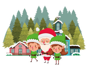 neighborhood and elf couple with santa claus