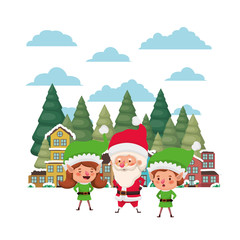 neighborhood and elf couple with santa claus
