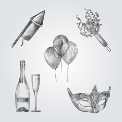 Hand Drawn Party Sketches Set. Collection Of ballons,  Party mask, Flapper, Party Hat , Champagne. Celebratory attributes Sketches isolated on white background. - 236850821