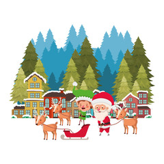 neighborhood with pine trees and santa claus with elf in sleigh