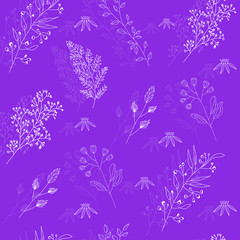 Fototapeta na wymiar Vector seamless pattern with wild flowers, herbs and branches. Thin delicate lines silhouettes of different plants. White adjustable objects on purple background. Double composition.