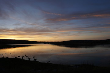 Obraz premium sunset over lake in Sweden in summer with orange sky