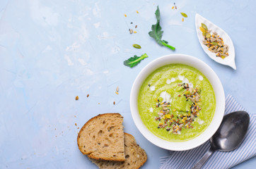 Green Vegan Broccoli Cream Soup with Non-Dairy Milk and Seed Mix, Detox Healthy Eating