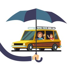 Car insurance vector concept with hand holding umbrella and cartoon character auto with woman and kid. Illustration of protection car umbrella