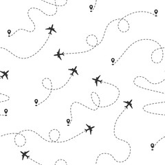 Airplane dotted flight line seamless pattern. Plane flying path. Travel concept vector wallpaper. Air plane, airplane pattern, seamless travel aircraft