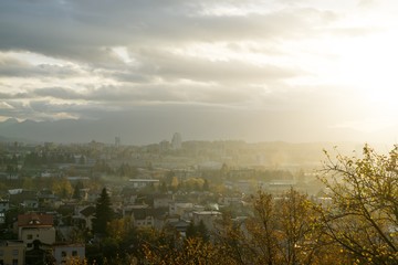 Sunrise and sunset over the hills and town. Slovakia