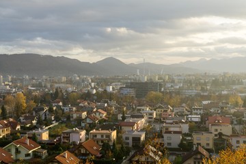 Obraz premium Sunrise and sunset over the hills and town. Slovakia
