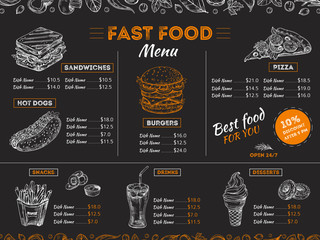Fast food menu. Sketch sandwich burger, pizza snacks vintage design on chalkboard. Fast food restaurant menu board vector template. Illustration of menu fast food, restaurant pizza and hamburger - obrazy, fototapety, plakaty