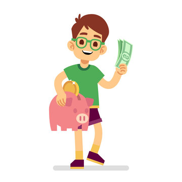 Boy Saves Money With Piggy Bank Vector Illustration. Piggy Money, Boy With Cash