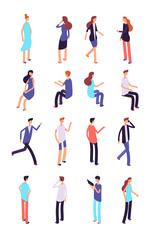 Isometric people. Cartoon sitting and standing persons. 3d men and women in casual clothes. Vector characters set of people man and woman illustration